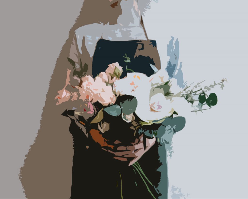 a woman with a flower bouquet